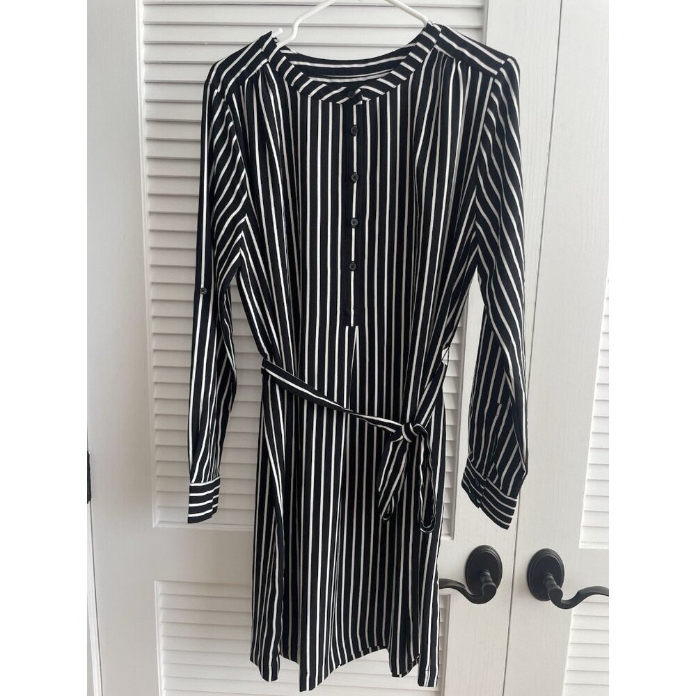 Ann Taylor Outlet Dress Black White Striped Long Sleeve Tie Waist Dress Sz L